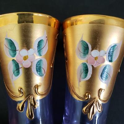 LOT 82K: Hard to find Vintage Original Venetian Murano Tre Fuochi Liqueur Set- 24K gold leaf enamelled on Lavender glass