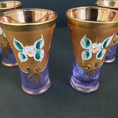 LOT 82K: Hard to find Vintage Original Venetian Murano Tre Fuochi Liqueur Set- 24K gold leaf enamelled on Lavender glass