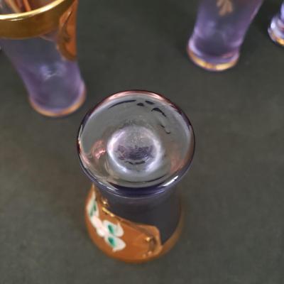 LOT 82K: Hard to find Vintage Original Venetian Murano Tre Fuochi Liqueur Set- 24K gold leaf enamelled on Lavender glass