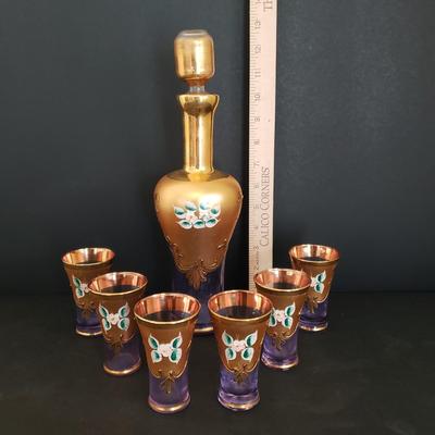 LOT 82K: Hard to find Vintage Original Venetian Murano Tre Fuochi Liqueur Set- 24K gold leaf enamelled on Lavender glass