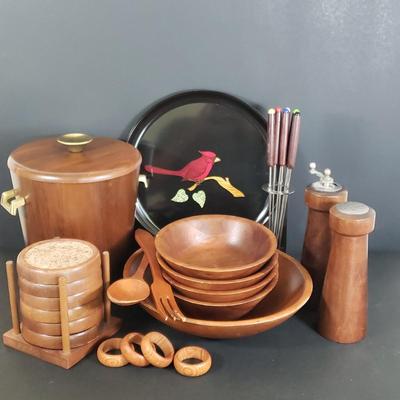 LOT 85D: MCM Servingware; Couroc, Wooden Turned Bowls, Woodcroftery Set, and More