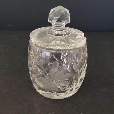 LOT 86D: Etched Glass Cruets, Condiment Jar, Trinket Dish, and More