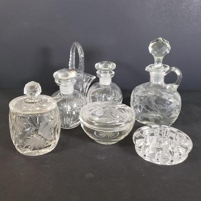 LOT 86D: Etched Glass Cruets, Condiment Jar, Trinket Dish, and More