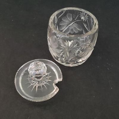 LOT 86D: Etched Glass Cruets, Condiment Jar, Trinket Dish, and More