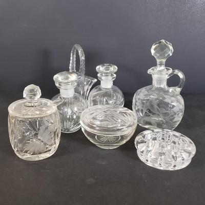 LOT 86D: Etched Glass Cruets, Condiment Jar, Trinket Dish, and More