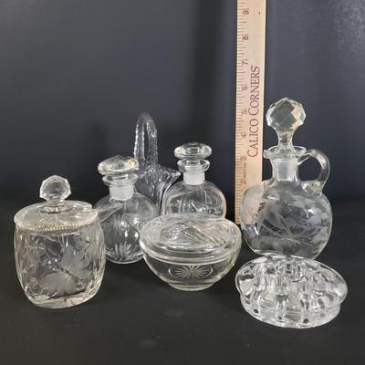 LOT 86D: Etched Glass Cruets, Condiment Jar, Trinket Dish, and More