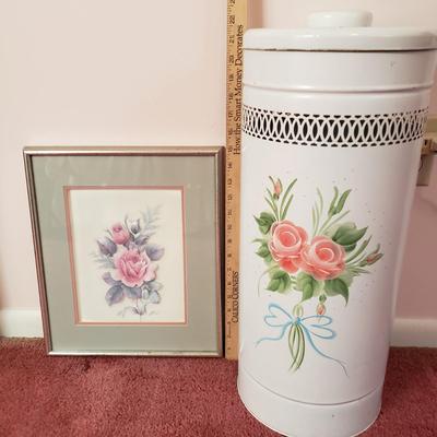 LOT 92X: Vintage Metal Laundry Hamper Hand Painted with Framed Rose Art