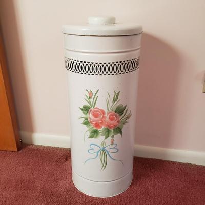 LOT 92X: Vintage Metal Laundry Hamper Hand Painted with Framed Rose Art