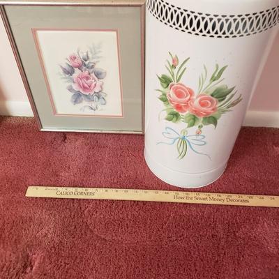 LOT 92X: Vintage Metal Laundry Hamper Hand Painted with Framed Rose Art