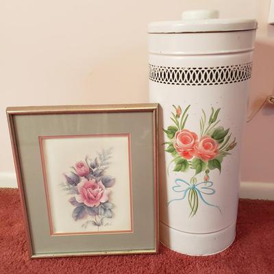 LOT 92X: Vintage Metal Laundry Hamper Hand Painted with Framed Rose Art