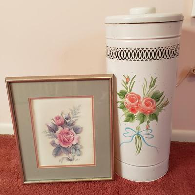 LOT 92X: Vintage Metal Laundry Hamper Hand Painted with Framed Rose Art