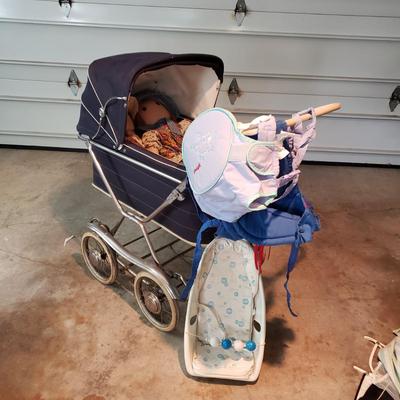 LOT 93G: Vintage Pram Baby Carriage, Vintage Baby Accessories, Large Cloth Dolls