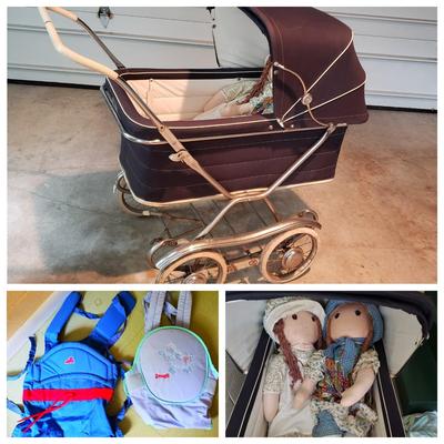 LOT 93G: Vintage Pram Baby Carriage, Vintage Baby Accessories, Large Cloth Dolls