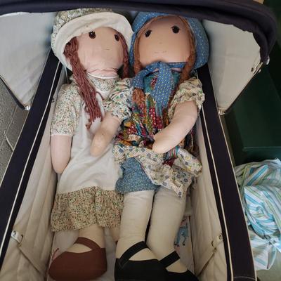 LOT 93G: Vintage Pram Baby Carriage, Vintage Baby Accessories, Large Cloth Dolls