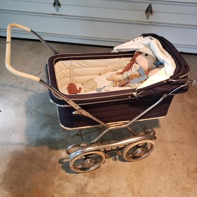 LOT 93G: Vintage Pram Baby Carriage, Vintage Baby Accessories, Large Cloth Dolls