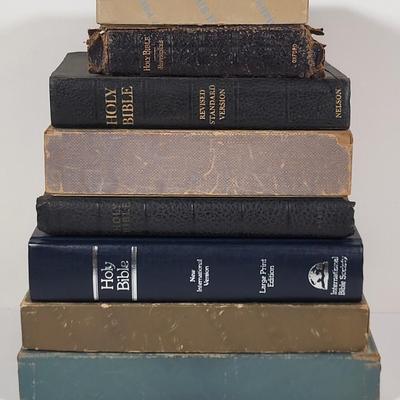 LOT 109B: Eight Various Sized Bibles with Four Contained in Book Box Cover