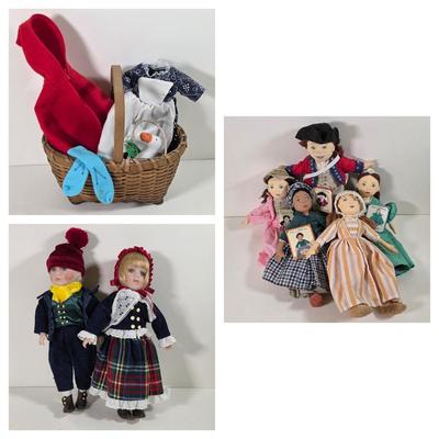 LOT 141D: Vintage Doll Collection W/Basket of Accessories, Including Heritage Signature Collection Erik & Eva Ski Dolls and Merry...