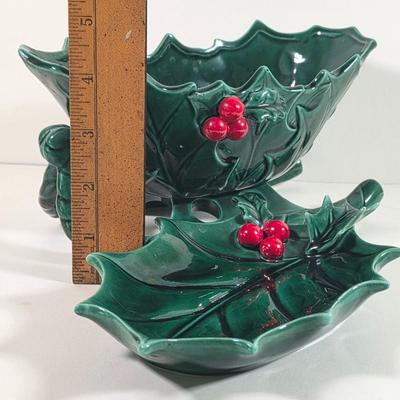 LOT 144D: Christmas in July! Vintage Lefton Holly Berry Collection Ceramic Sleigh & Leaf Dish, Ceramic Poinsettia Dishes, Snowman...