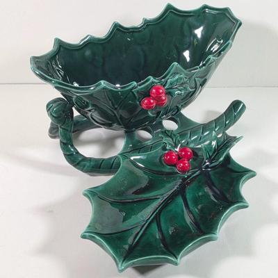 LOT 144D: Christmas in July! Vintage Lefton Holly Berry Collection Ceramic Sleigh & Leaf Dish, Ceramic Poinsettia Dishes, Snowman...