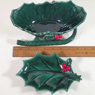 LOT 144D: Christmas in July! Vintage Lefton Holly Berry Collection Ceramic Sleigh & Leaf Dish, Ceramic Poinsettia Dishes, Snowman...