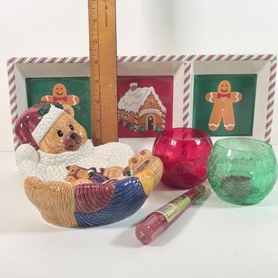 LOT 144D: Christmas in July! Vintage Lefton Holly Berry Collection Ceramic Sleigh & Leaf Dish, Ceramic Poinsettia Dishes, Snowman...