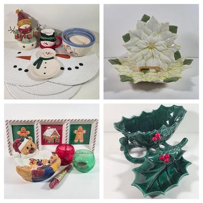 LOT 144D: Christmas in July! Vintage Lefton Holly Berry Collection Ceramic Sleigh & Leaf Dish, Ceramic Poinsettia Dishes, Snowman...