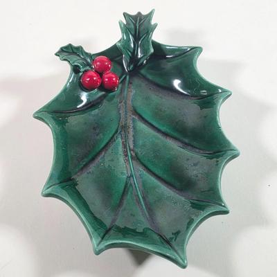 LOT 144D: Christmas in July! Vintage Lefton Holly Berry Collection Ceramic Sleigh & Leaf Dish, Ceramic Poinsettia Dishes, Snowman...