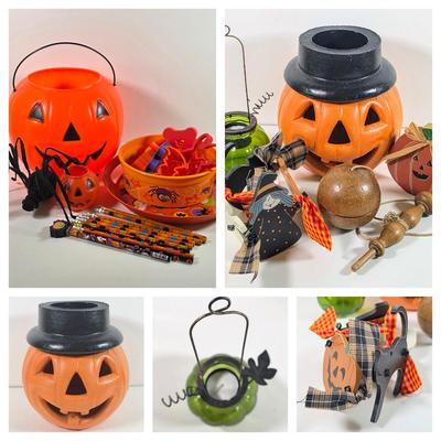 LOT 145D: Vintage Pottery Jack O' Lantern Votive Candle Holder, Bilboquet Cup & Ball Game, General Foam Plastic Pumpkin Candy...