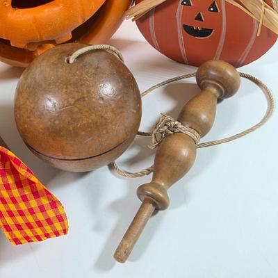 LOT 145D: Vintage Pottery Jack O' Lantern Votive Candle Holder, Bilboquet Cup & Ball Game, General Foam Plastic Pumpkin Candy...