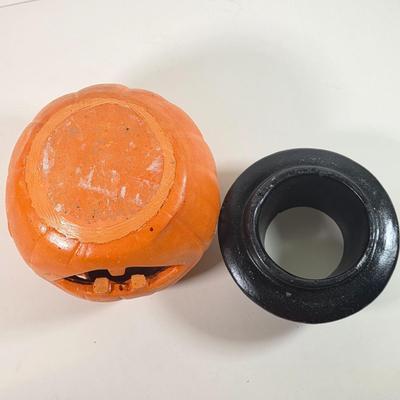 LOT 145D: Vintage Pottery Jack O' Lantern Votive Candle Holder, Bilboquet Cup & Ball Game, General Foam Plastic Pumpkin Candy...