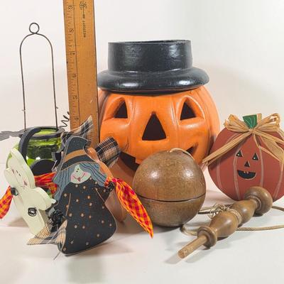 LOT 145D: Vintage Pottery Jack O' Lantern Votive Candle Holder, Bilboquet Cup & Ball Game, General Foam Plastic Pumpkin Candy...