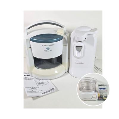 LOT 147D: Kitchen Must Haves. A Black & Decker Automatic Jar Opener, Electric Can Opener, Handy Steamer Rice Cooker & A...