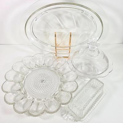 LOT 148D: Antique/Vintage Clear Glass Serving Pieces, Pyrex Meat Platter, Hobnail Deviled Egg Plate, Hand & Bar Lidded/Footed Candy...