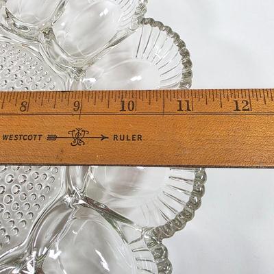 LOT 148D: Antique/Vintage Clear Glass Serving Pieces, Pyrex Meat Platter, Hobnail Deviled Egg Plate, Hand & Bar Lidded/Footed Candy...