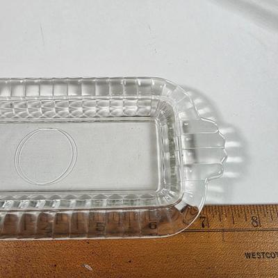 LOT 148D: Antique/Vintage Clear Glass Serving Pieces, Pyrex Meat Platter, Hobnail Deviled Egg Plate, Hand & Bar Lidded/Footed Candy...