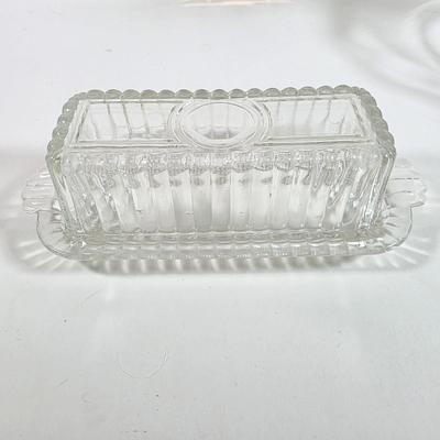 LOT 148D: Antique/Vintage Clear Glass Serving Pieces, Pyrex Meat Platter, Hobnail Deviled Egg Plate, Hand & Bar Lidded/Footed Candy...