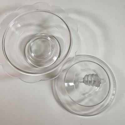 LOT 148D: Antique/Vintage Clear Glass Serving Pieces, Pyrex Meat Platter, Hobnail Deviled Egg Plate, Hand & Bar Lidded/Footed Candy...