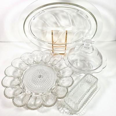 LOT 148D: Antique/Vintage Clear Glass Serving Pieces, Pyrex Meat Platter, Hobnail Deviled Egg Plate, Hand & Bar Lidded/Footed Candy...