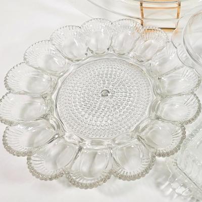 LOT 148D: Antique/Vintage Clear Glass Serving Pieces, Pyrex Meat Platter, Hobnail Deviled Egg Plate, Hand & Bar Lidded/Footed Candy...