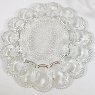 LOT 148D: Antique/Vintage Clear Glass Serving Pieces, Pyrex Meat Platter, Hobnail Deviled Egg Plate, Hand & Bar Lidded/Footed Candy...