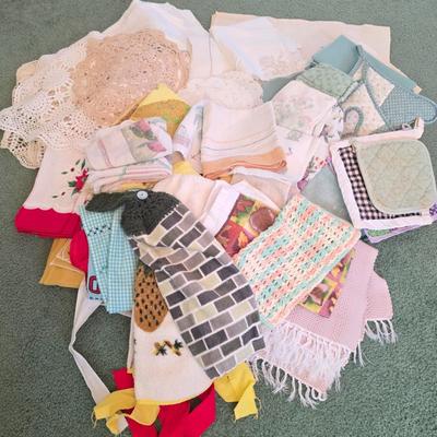 LOT 149D: Vintage Linen Lot Filled W/Seasonal & Everyday Items, Kitchen Towels, Pot Holders, Aprons, Table Cloths, Runners, Crocheted...