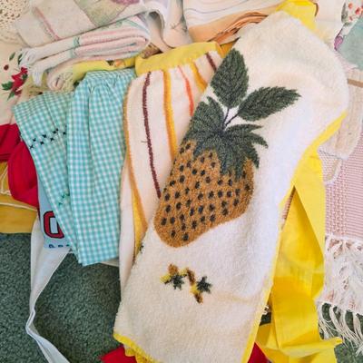 LOT 149D: Vintage Linen Lot Filled W/Seasonal & Everyday Items, Kitchen Towels, Pot Holders, Aprons, Table Cloths, Runners, Crocheted...
