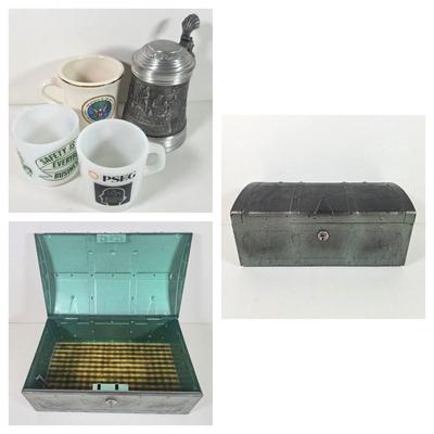 LOT 151D: Vintage Kennedy MFG Storage Box W/Keys, Hinge Lid Pewter Stein, Militiary & Local Business Mugs
