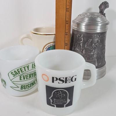 LOT 151D: Vintage Kennedy MFG Storage Box W/Keys, Hinge Lid Pewter Stein, Militiary & Local Business Mugs