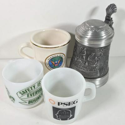 LOT 151D: Vintage Kennedy MFG Storage Box W/Keys, Hinge Lid Pewter Stein, Militiary & Local Business Mugs