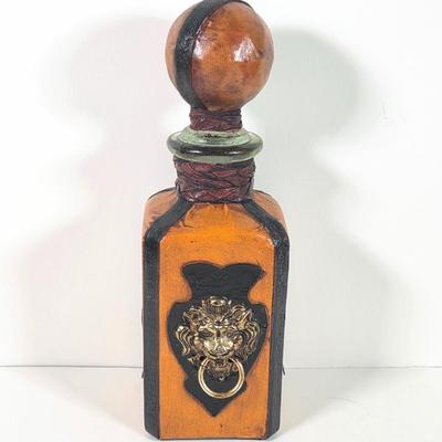 LOT 152D: Vintage Decorative Items, Leather Wrapped Lion Head W/Ring Italian Decanter, CA Saddle Leather Valet Travel Case, Horse Head...