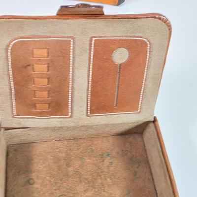 LOT 152D: Vintage Decorative Items, Leather Wrapped Lion Head W/Ring Italian Decanter, CA Saddle Leather Valet Travel Case, Horse Head...