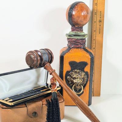 LOT 152D: Vintage Decorative Items, Leather Wrapped Lion Head W/Ring Italian Decanter, CA Saddle Leather Valet Travel Case, Horse Head...