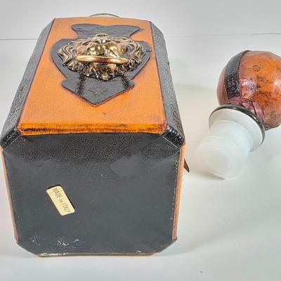 LOT 152D: Vintage Decorative Items, Leather Wrapped Lion Head W/Ring Italian Decanter, CA Saddle Leather Valet Travel Case, Horse Head...