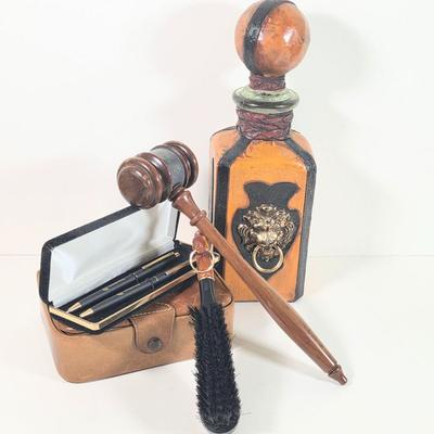 LOT 152D: Vintage Decorative Items, Leather Wrapped Lion Head W/Ring Italian Decanter, CA Saddle Leather Valet Travel Case, Horse Head...